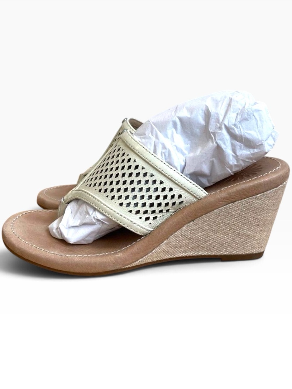 UGG wedge sandals cream tan wedges perfored slip on leather upper rubber sole 5